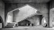© Sampao - Abstract architectural design featuring raw concrete with unique shapes, stairs, and open space in a minimalistic, industrial style interior setting