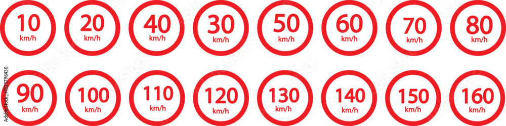 Speed limit sign 10, 20, 30, 40, 50, 60, 70, 80, 90, 100, 110, 120, 130 ...