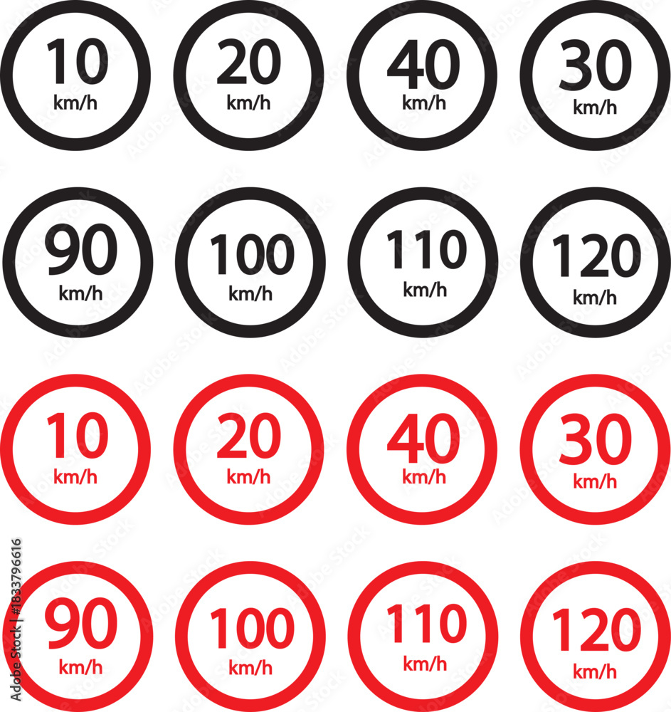 Speed limit sign 10, 20, 30, 40, 50, 60, 70, 80, 90, 100, 110, 120, 130 ...