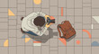 © evita - An overhead view captures a casual photographer on a geometrically patterned tiled ground, holding a camera next to a stylish brown backpack, illustrating urban creativity.