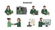 © Faisal - Banking illustration set featuring staff cash vault calculator handshake document and charts