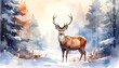 © Giuseppe Cammino - Forest deer watercolor illustration. Christmas reindeer. Winter greeting card design
