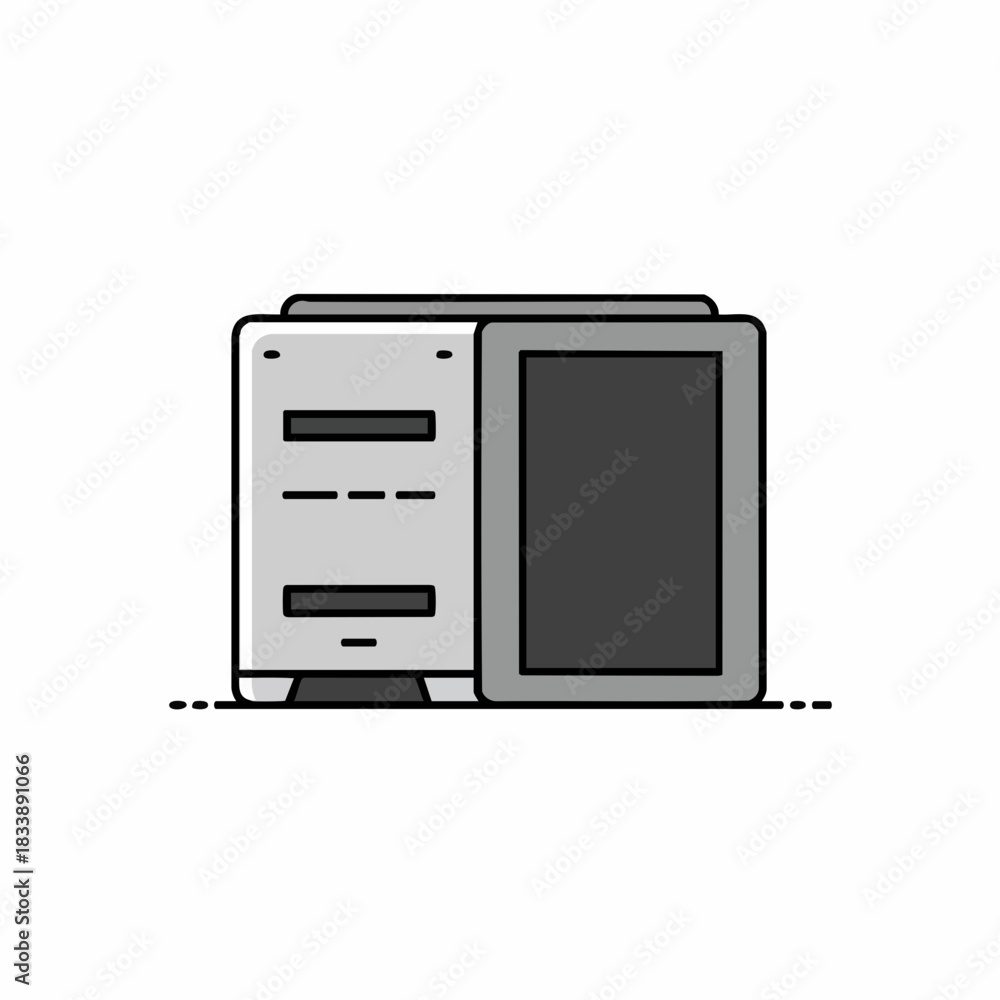 Stylized Computer Tower and Monitor with Black and Gray Color Scheme