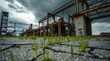 © Jedo - An ultra-realistic, cinematic shot of a derelict industrial wasteland, rusted metal structures decay under a stormy, overcast sky, weeds push through cracked concrete