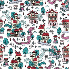  Seamless Winter pattern with a medieval village. Background with doodle houses and trees. Winter Town Map. Christmas