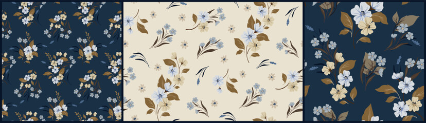 Naklejka na meble Seamless floral pattern, abstract ditsy print in autumn, winter motif. Elegant botanical design of hand drawn wild plants, small flowers, branches, leaves on a blue background. Vector illustration.