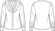 © Hey World - Ruffled V-neck blouse fashion sketch, button front, long sleeves, pleated cuffs, technical illustration, garment design, sewing pattern