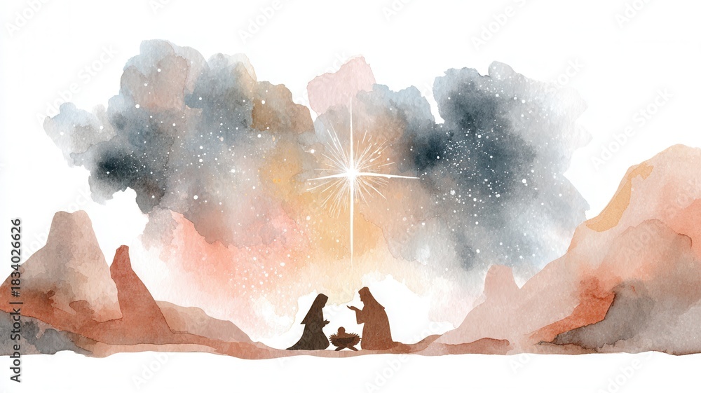Nativity scene celebrating birth of jesus christ under a shining star ...