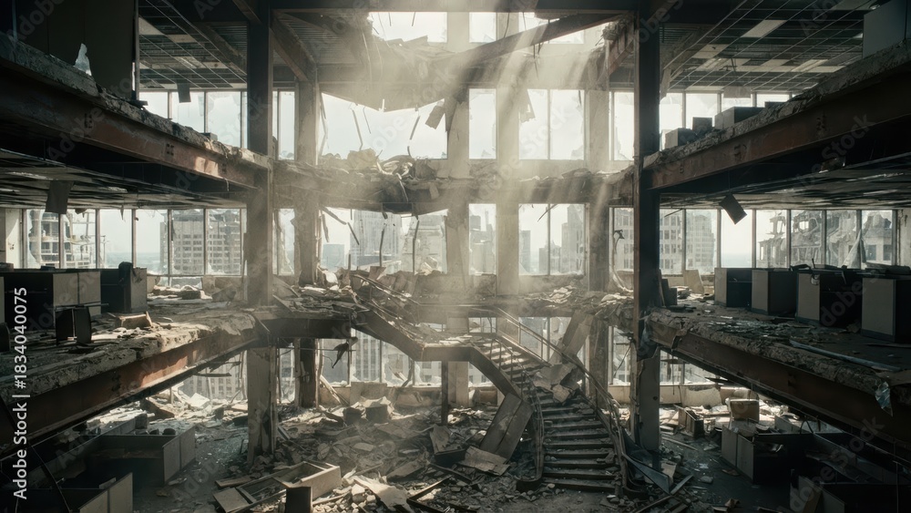 Devastated multi-story office building interior after a catastrophic ...