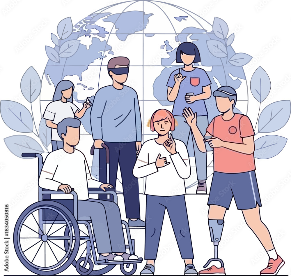 Diverse group of people with disabilities standing together in front of ...