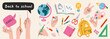 © WinWinFolly - Back to school set with stationery, hands, backpack, globe, books and educational supplies. Trendy modern vector illustration isolated on light background, hand drawn, flat design