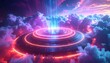 © klandestin - Futuristic circular structure with glowing neon rings amidst vibrant clouds and digital beams of light
