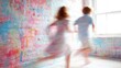 © red_orange_stock - Children play and run in a colorful room with bright walls and sunlight