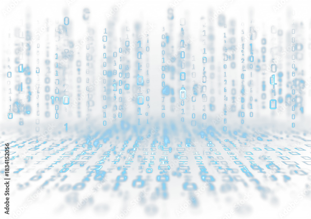 Close-up of number codes raining down in bright cyberspace. Binary ...