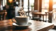 © Lucy - crema. Steaming latte on a rustic cafe table with soft morning light and a warm, blurred background. bar promotions, beverage menus, designed for product packaging and bar promotions.