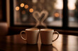 © Colton - Two Coffee Mugs with Heart-Shaped Steam in Cozy Café Setting