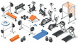 © Santiago - Isometric gym equipment set with treadmills, weights, and exercise bikes