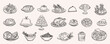 © Viktoriia Melkisheva - Hand drawn festive food set featuring holiday dish, dessert, roasted meat, pastry, cheese plate and traditional meals. Vintage crayon outline illustration perfect for Christmas dinner designs, menu.
