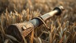© Lucy - flail. An old, worn flail discarded in a wheat field with textured wood and leather. safety posters, maintenance manuals, designed for precision metalworking and fabrication facilities.