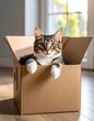 © Kodem - A cute tabby cat sits comfortably inside a brown cardboard box, looking directly at the camera with an inquisitive expression