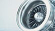 © Sergey - minimalistic close up of turbocharger impeller spinning, soft neutral light, clean metal texture, high clarity, engineering aesthetic, bright