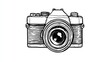 © Halina - Vintage camera engraving sketch with detailed lens and classic body design drawn in bold retro monochrome style