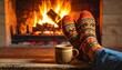 © Magdalena Wojaczek - Cozy winter evening relaxing by the fireplace with warm socks and a hot drink, perfect for holiday comfort and seasonal lifestyle promotions