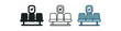 © Design Ful - airport gate icons three chair row silhouettes with small airplane window one flat solid monochrome one thin black outline black and white one full color flat icon cool airport tones