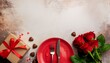 © yuttapoom - Valentine's day. Romantic dinner for date with red plate, chocolate sweets, romantic gift and red roses on beige background. Vertical menu card. View from above.