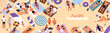 © Paper Trident - Hello summer banner design with people sunbathing on sand beach. Template with tourists lying on blankets, chaise lounges and relaxing on coast. Sea resort vacations layout. Flat vector illustration.