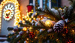 © Yusuf - shining Christmas decorations outside the house. beautiful glowing Christmas composition of fir branches and cones outside, Colored gel lighting. White tone