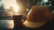 © Normal Desing - Construction worker resting with coffee mug and yellow hard hat on dashboard sunlight flare industrial environment