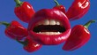 © Nataliia_Trushchenko - A close up of a red pepper with a woman's mouth in the middle. The peppers are arranged in a way that they look like they are coming out of the woman's mouth. The image has a playful