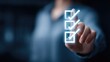 © StellaStudio - Professional hand tapping glowing checklist icons (checked boxes) in digital interface. Concept of task completion, to-do list management, project progress, administrative efficiency
