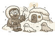 © Александр Михайлюк - Scientist's Polar Communication. Cute doodle vector of happy scientist using radio near cozy snow-covered station, with friendly