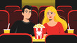 © Anastasia - Illustration of a couple enjoying a movie date in a cinema with popcorn and soft drinks on their seats