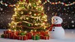 © ASyen - Festive Snowman and Gifts Under a Decorated Christmas Tree with Twinkling Lights and Falling Snow