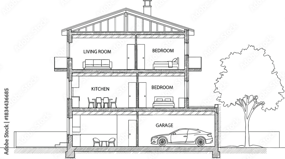 Architectural cross section of a modern house with living room kitchen bedrooms and garage