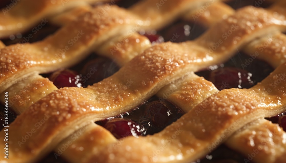 Freshly baked cherry pie with a golden lattice crust sprinkled with ...