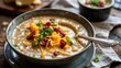 © Foysal Khan  - Hearty and creamy potato soup, generously topped with melted cheddar cheese, crispy bacon bits, and vibrant green onions, making for a delicious and comforting meal
