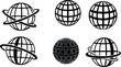 © OKAN - Line art vector globe icon set showing six distinct black globe designs with tilted orbit ring, dense grid sphere, thick filled globe and varied stroke weight