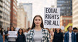 © NeuroCake - Determined young woman holding a sign for equal rights at a protest march. Activist leading a crowd in a social justice demonstration