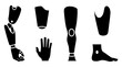 © eclipse - Prosthetic limbs icon set with artificial arm, leg, hand, and foot silhouettes in a minimalist graphic style for medical and disability concepts