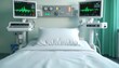 © Vadym - Hospital bed with white sheets and pillow. Medical monitors on both sides showing heart rate. Equipment panel on wall. Green curtain on right. Empty bed in ward with light.