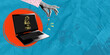 © ArtEternal - A trendy halftone collage in a pop art style. A closed lock hangs on a laptop, and a human hand holds the key. Protect your personal data online.