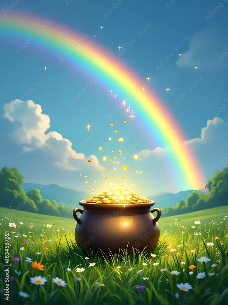 Cartoon illustration of a pot of gold under a rainbow in a green field ...