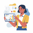 © taufik - A smiling woman presenting business data and analytics on a digital tablet, with various charts and graphs in the background, illustrating financial growth and strategy.