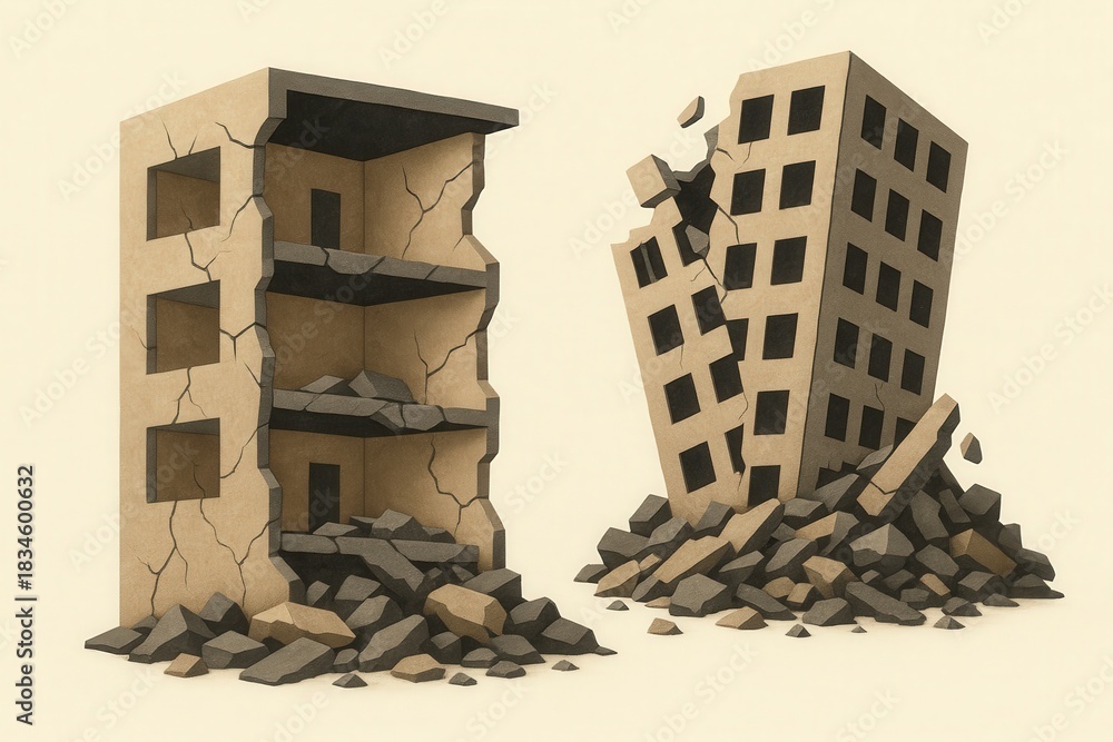 Conceptual illustration depicting deteriorating buildings with ...