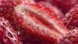 © Digital Artist - 'Photorealistic close-up of a strawberry slice, textures and seeds detailed, soft shadows, macro view for food illustration or digital design.