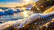 © AIUNIVERSE - macro closeup wave foam thread beach rock bubble delicate micro texture mineral wet sunlight glint natural surface coastal detail water edge close scene